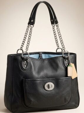 Coach Poppy Black Pebbled Leather Chain Tote Shoulder Bag Turn Lock Boutique 15”